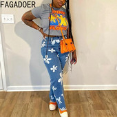 FAGADOER Cvjetni print Y2k traperice Ženske široke traper hlače 2023. Nova ulična odjeća Hlače s ravnim nogavicama Hlače Vintage plave traperice 90-ih