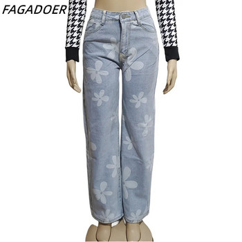 FAGADOER Floral Print Y2k Jeans Γυναικείο φαρδύ τζιν παντελόνι 2023 Νέο Streetwear Παντελόνι ίσιο πόδι Παντελόνι Vintage μπλε τζιν 90s