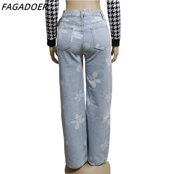 FAGADOER Floral Print Y2k Jeans Γυναικείο φαρδύ τζιν παντελόνι 2023 Νέο Streetwear Παντελόνι ίσιο πόδι Παντελόνι Vintage μπλε τζιν 90s