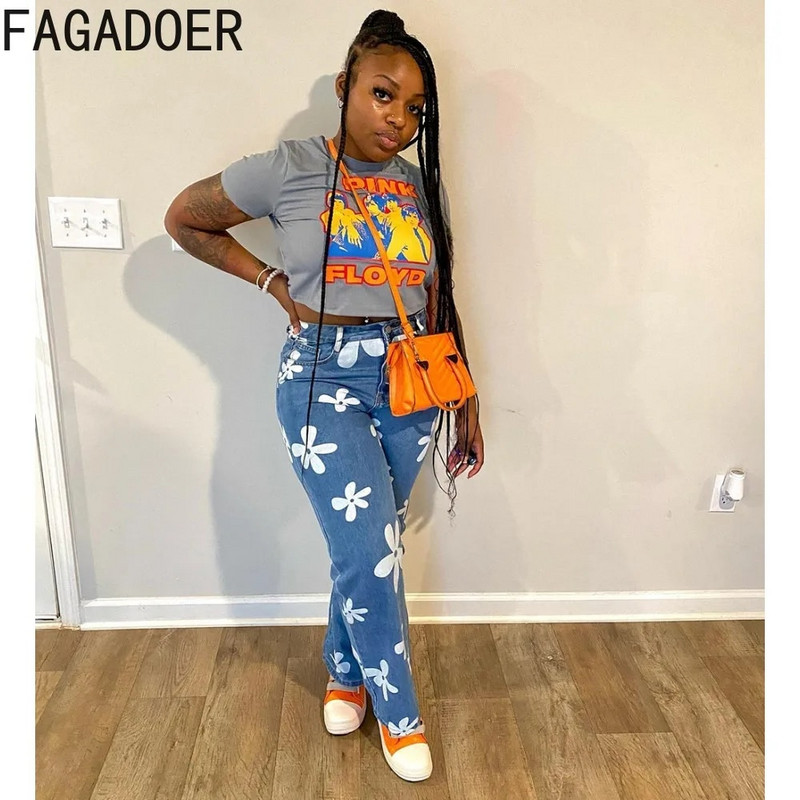 FAGADOER Cvjetni print Y2k traperice Ženske široke traper hlače 2023. Nova ulična odjeća Hlače s ravnim nogavicama Hlače Vintage plave traperice 90-ih