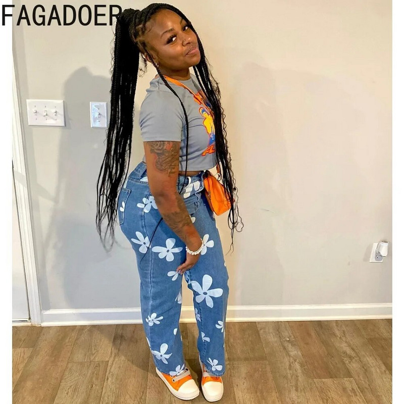 FAGADOER Cvjetni print Y2k traperice Ženske široke traper hlače 2023. Nova ulična odjeća Hlače s ravnim nogavicama Hlače Vintage plave traperice 90-ih
