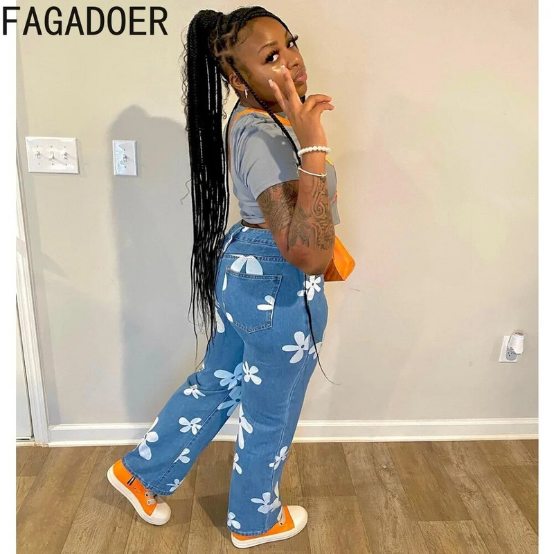 FAGADOER Cvjetni print Y2k traperice Ženske široke traper hlače 2023. Nova ulična odjeća Hlače s ravnim nogavicama Hlače Vintage plave traperice 90-ih