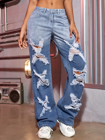 Y2K 2023 Γυναικεία μόδα σκισμένα τζιν με χρωματική αντίθεση με χωρισμένο σχήμα φαρδύ τζιν παντελόνι Streetwear