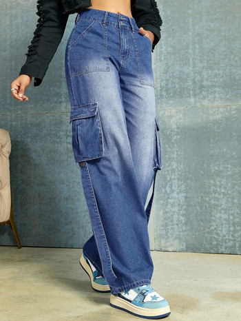 2023 Дамска мода Ретро дънки с джоб с капаци и копчета Fly Tape Detail Широки крачоли Карго дънки Улични дънкови панталони Mujer