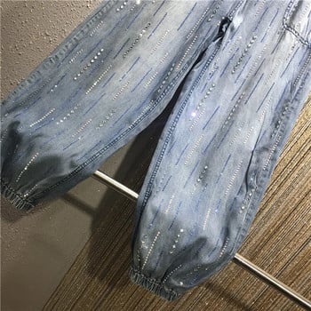 Cakucool Vintage ξεφτισμένο τζιν Διαμάντια Παντελόνι με παγιέτες χαρέμι ελαστική μέση φαρδιά μεγάλο μέγεθος Chic τζιν Casual Capris Femme