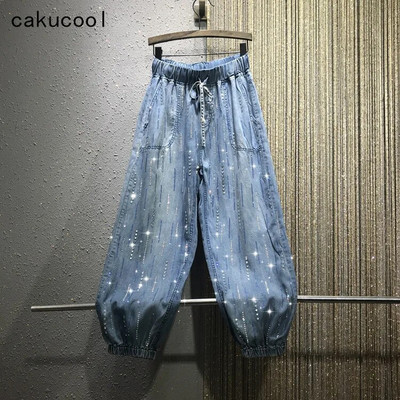 Cakucool Vintage kopott farmer gyémántok Gyöngyös flitteres hárem nadrág elasztikus derékbő bő nagy méretű elegáns farmer Alkalmi Capris Femme