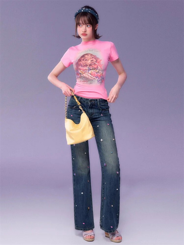 Deeptown Y2K Fairycore traperice Ženske Diamond Vintage plave traper hlače iz 90-ih Ženske korejske modne retro prevelike hlače niskog struka