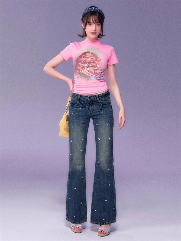 Deeptown Y2K Fairycore traperice Ženske Diamond Vintage plave traper hlače iz 90-ih Ženske korejske modne retro prevelike hlače niskog struka