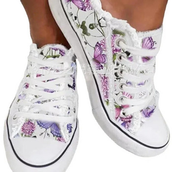 Платнени обувки с флорални мотиви Бели диви дамски големи спортни обувки с плитка уста и връзки Ежедневни плоски дамски обувки Femme Zapatos 2024