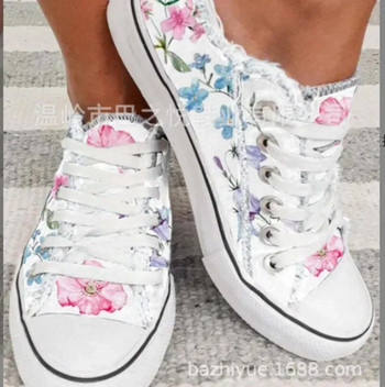 Платнени обувки с флорални мотиви Бели диви дамски големи спортни обувки с плитка уста и връзки Ежедневни плоски дамски обувки Femme Zapatos 2024