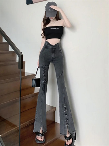 Fashion Asymmetrical Split Κορεατικά τζιν Harajuku Επίδεσμος Casual Vintage Y2K Τζιν παντελόνι 2022 Trend Streetwear Παντελόνι