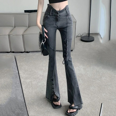 Modne asimetrične podijeljene korejske traperice Harajuku Bandage Ležerne vintage Y2K traper hlače Ulične hlače u trendu 2022.