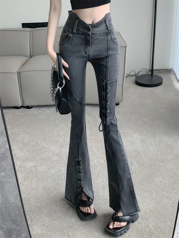 Modne asimetrične podijeljene korejske traperice Harajuku Bandage Ležerne vintage Y2K traper hlače Ulične hlače u trendu 2022.