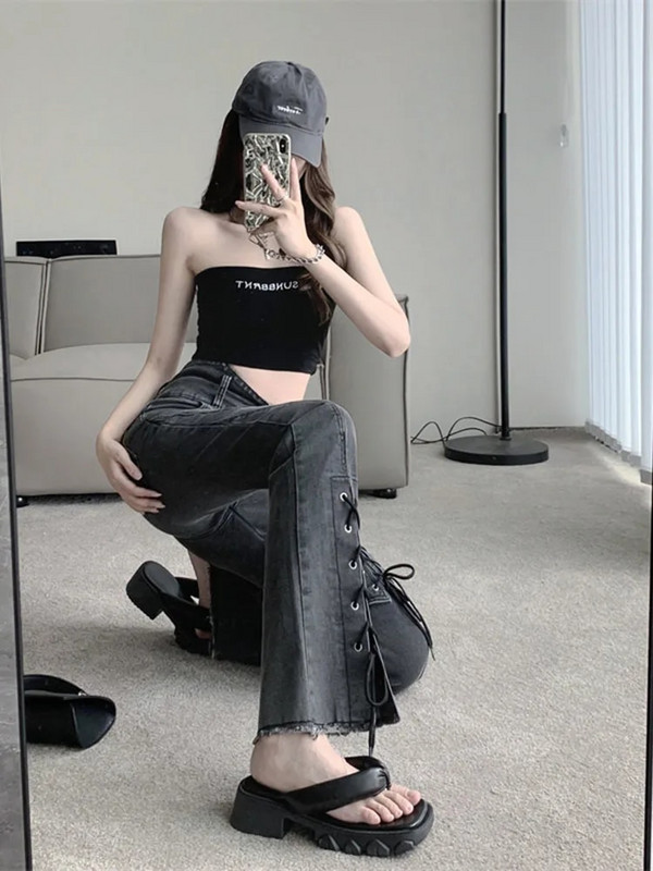 Modne asimetrične podijeljene korejske traperice Harajuku Bandage Ležerne vintage Y2K traper hlače Ulične hlače u trendu 2022.