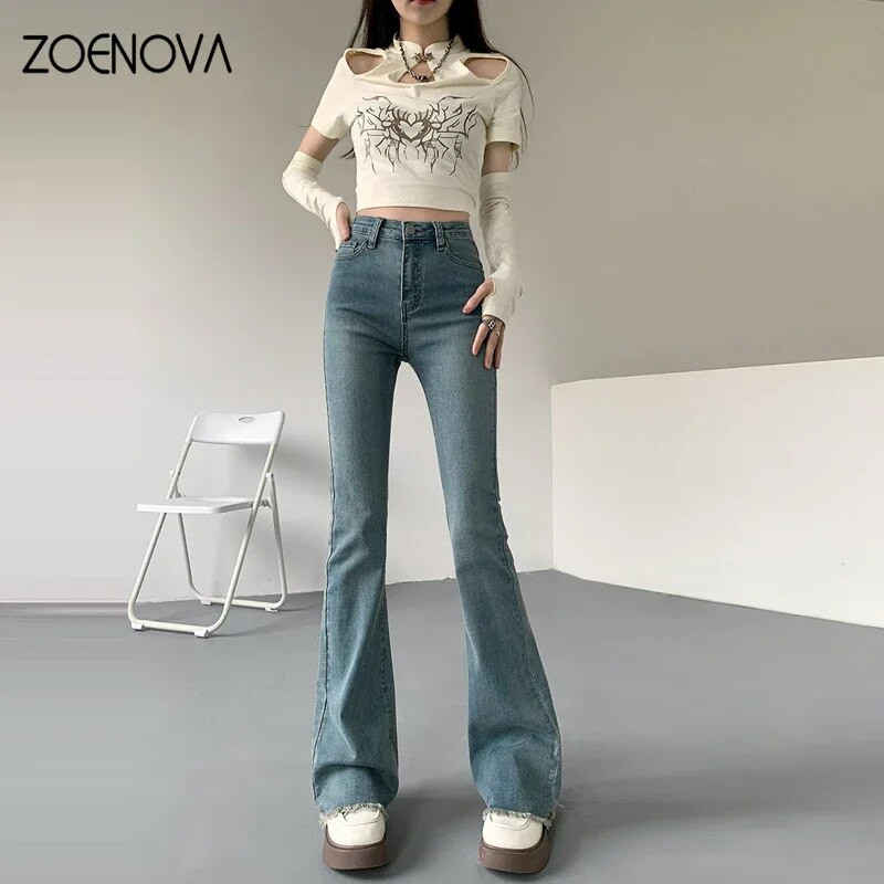 ZOENOVA New Flare Jeans Ženske hlače visokog struka Vintage Aesthetic Denim Hlače Streetwear Casual Korean Fashion Y2k Jeans
