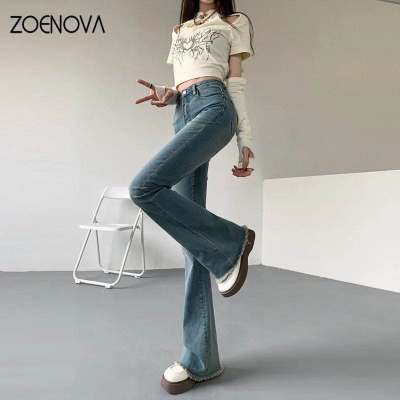 ZOENOVA New Flare Jeans Ženske hlače visokog struka Vintage Aesthetic Denim Hlače Streetwear Casual Korean Fashion Y2k Jeans