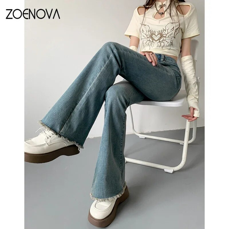 ZOENOVA New Flare Jeans Ženske hlače visokog struka Vintage Aesthetic Denim Hlače Streetwear Casual Korean Fashion Y2k Jeans