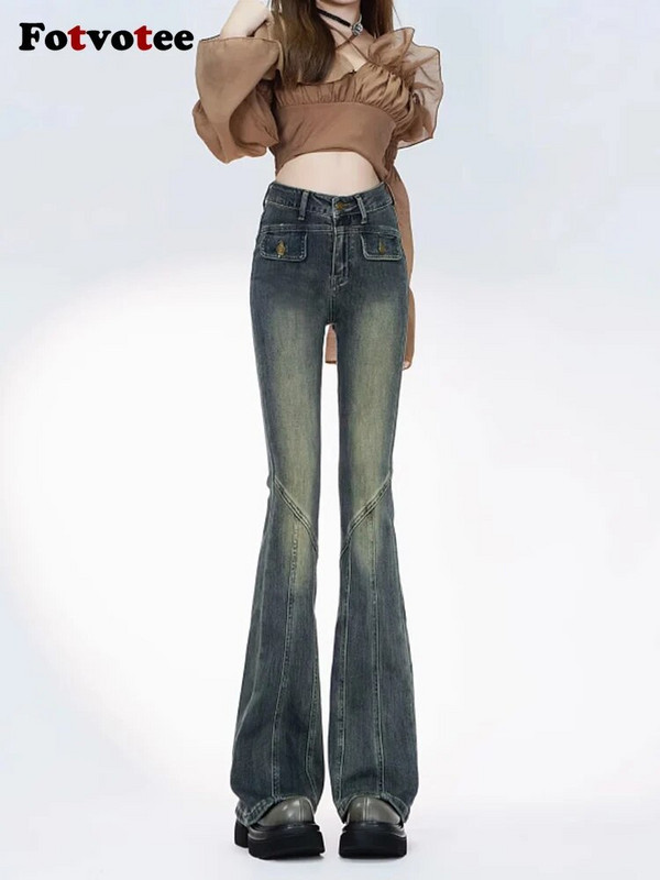 Fotvotee Traperice visokog struka Ženska odjeća Skinny Flare Pants Mom Jeans Streetwear Vintage Denim Harajuku hlače pune dužine