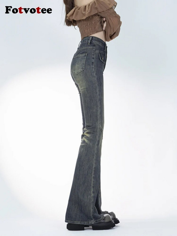 Fotvotee Traperice visokog struka Ženska odjeća Skinny Flare Pants Mom Jeans Streetwear Vintage Denim Harajuku hlače pune dužine