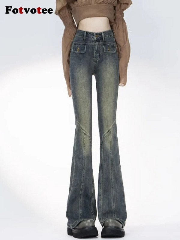 Fotvotee Traperice visokog struka Ženska odjeća Skinny Flare Pants Mom Jeans Streetwear Vintage Denim Harajuku hlače pune dužine