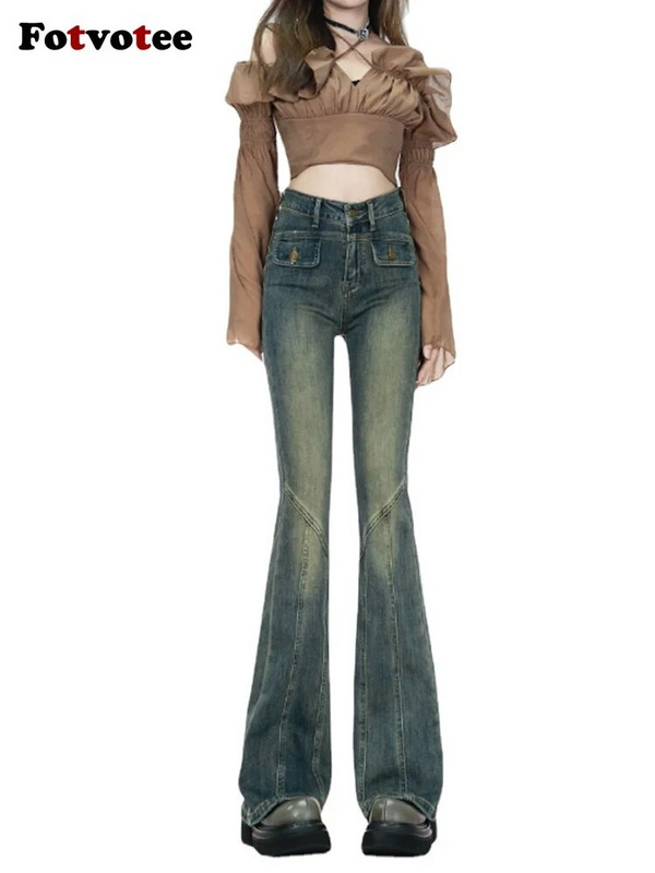 Fotvotee Traperice visokog struka Ženska odjeća Skinny Flare Pants Mom Jeans Streetwear Vintage Denim Harajuku hlače pune dužine
