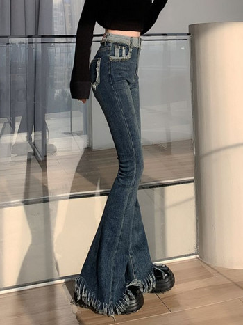 Зимни сини ретро дънки Дамски Y2K шик ежедневни кльощави панталони с висока талия Дамски корейски модни дизайнерски дънкови панталони с пискюли 2022 г.