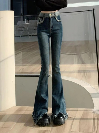 Зимни сини ретро дънки Дамски Y2K шик ежедневни кльощави панталони с висока талия Дамски корейски модни дизайнерски дънкови панталони с пискюли 2022 г.