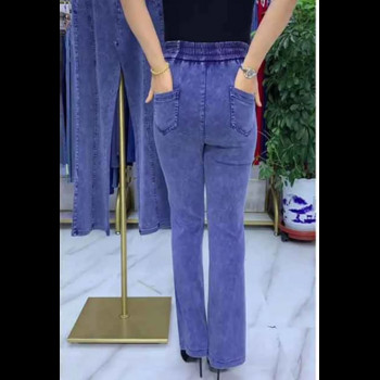Дамски дънки на средна възраст Пролет Есен Дънкови панталони с еластична талия Големи размери Свободни женски панталони с микро кльощаве Зимни дебели топли дънки