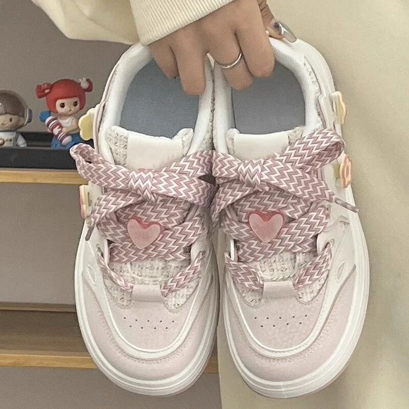 Ružičaste tenisice s platformom Kawaii ženske tenisice Ležerne retro slatke vulkanizirane tenisice Ženske tenisice Ravne čipkaste cvjetne dekoracije
