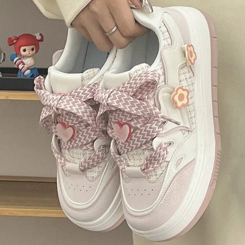 Ružičaste tenisice s platformom Kawaii ženske tenisice Ležerne retro slatke vulkanizirane tenisice Ženske tenisice Ravne čipkaste cvjetne dekoracije
