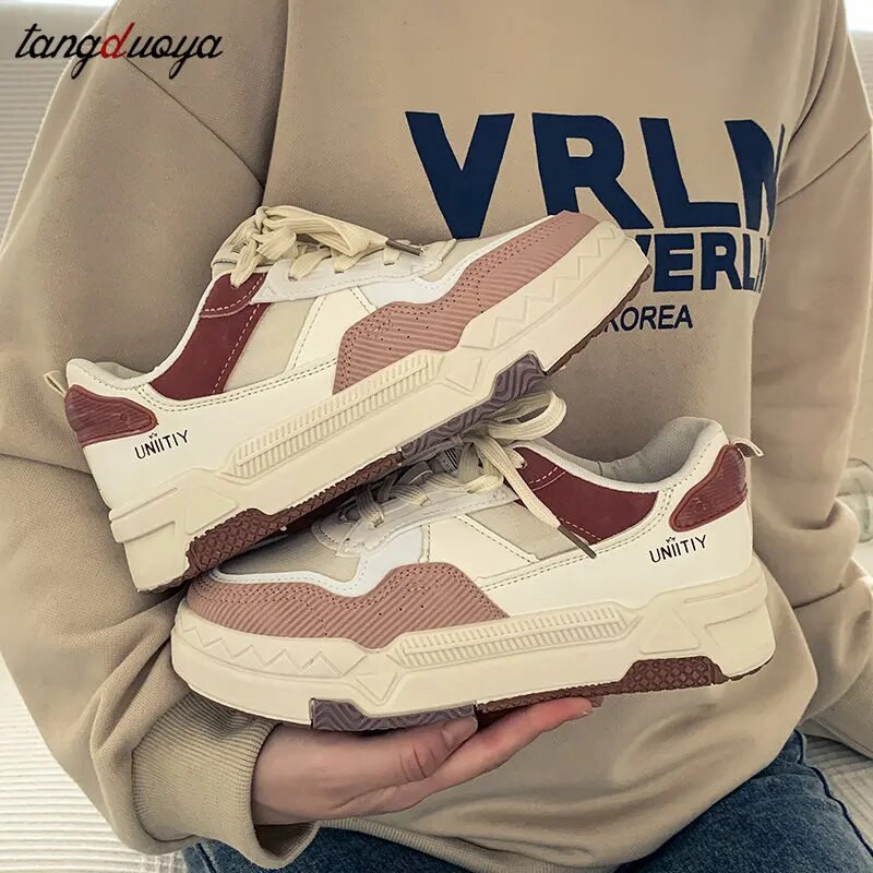 Pantofi vulcanizati bej pentru femei Pantofi grosi Pantofi pentru femei cu design nou Pantofi sport cu șireturi Pantofi pentru femei la modă.