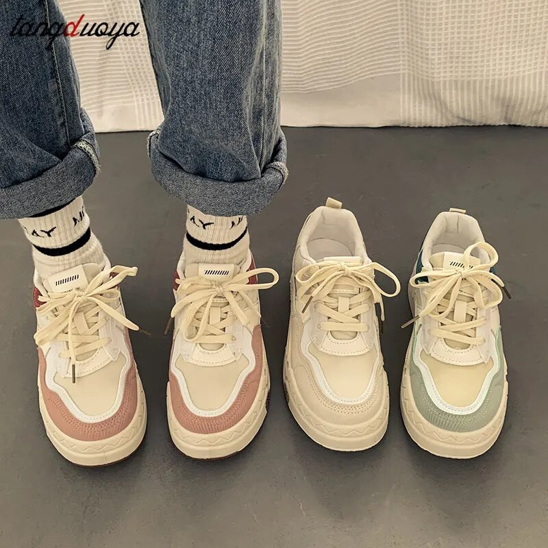 Pantofi vulcanizati bej pentru femei Pantofi grosi Pantofi pentru femei cu design nou Pantofi sport cu șireturi Pantofi pentru femei la modă.