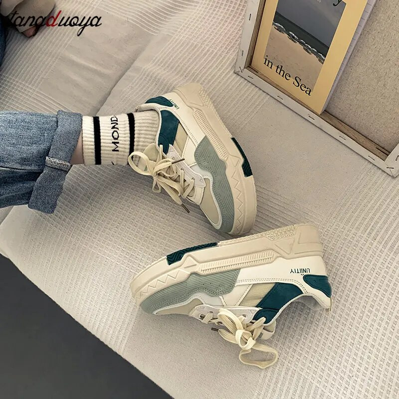Pantofi vulcanizati bej pentru femei Pantofi grosi Pantofi pentru femei cu design nou Pantofi sport cu șireturi Pantofi pentru femei la modă.