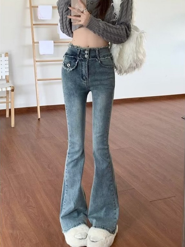 Lagano proširene traperice Ženske jesenske tanke jesenske haljine Nove uske kratke muške hlače s krznenim rubom Visokog struka Ženske traperice