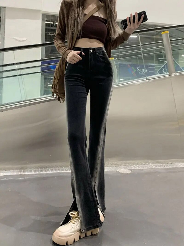 Y2k široke traperice s prorezom Ženske obložene seksi uske Harajuku ulične odjeće Elegantne ženske džinsy Jesenska odjeća Vintage Chic