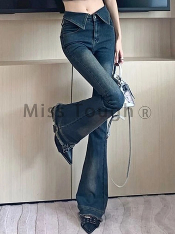 Есенни ретро модни кльош панталони Дамски джобове Дизайнерски елегантни дънкови панталони Женски корейски ежедневни панталони с висока талия 2023 г. Нови