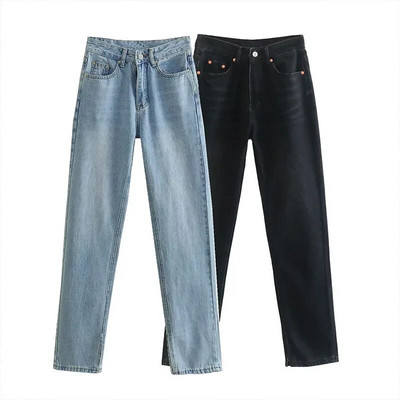 ZATRHMBM Dámske rifle slim fit, vintage strih, rozšírené, s bočným vreckom, zipsom, vysokým pásom, dámske členkové nohavice