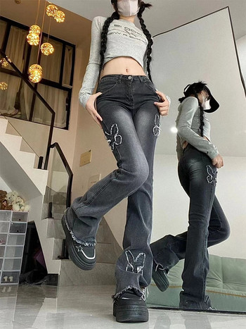 Grunge Y2K Low Rise Flare Jeans για Γυναικεία Streetwear Αισθητικό Splicing Πεταλούδα Vintage Παντελόνι τζιν παντελόνι Γυναικείο