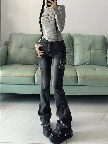 Grunge Y2K Low Rise Flare Jeans για Γυναικεία Streetwear Αισθητικό Splicing Πεταλούδα Vintage Παντελόνι τζιν παντελόνι Γυναικείο