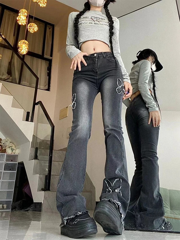 Grunge Y2K široke traperice niskog struka za žene Streetwear Aesthetic Splicing Butterfly Vintage Isprane traper hlače Ženske hlače