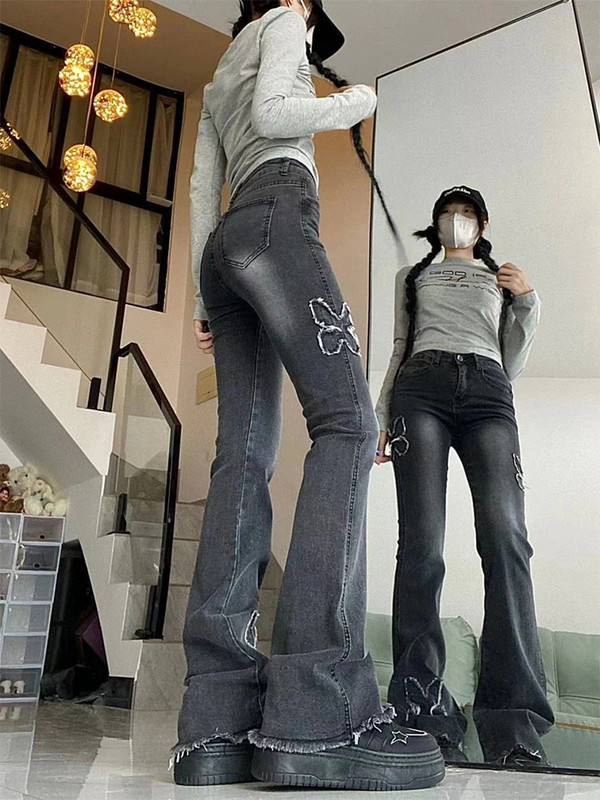 Grunge Y2K široke traperice niskog struka za žene Streetwear Aesthetic Splicing Butterfly Vintage Isprane traper hlače Ženske hlače