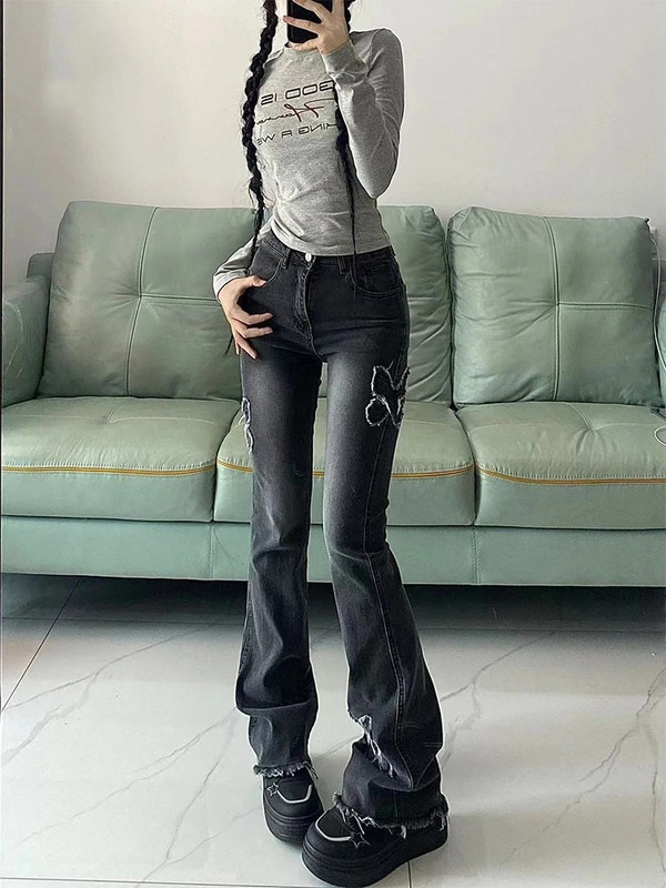 Grunge Y2K široke traperice niskog struka za žene Streetwear Aesthetic Splicing Butterfly Vintage Isprane traper hlače Ženske hlače