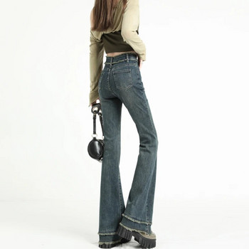 Клеш дънки Висока талия Свободни удобни дънки за жени Панталони с пискюли Еластични модни дънкови панталони в стил гадже
