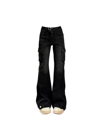 Дамски черни готически карго дънки Emo 2000s Vintage широки дънкови панталони с висока талия Y2k Harajuku 90-те Естетични панталони Дрехи