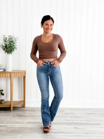 Holy Grail Tummy Control Bootcut Jeans Дамски клоширани ретро разтегливи ежедневни високи талии с пълна дължина Тънки широки крачоли Streetwear