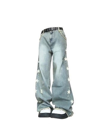 Дамски ретро дънки със синя звезда Harajuku Y2k Естетични дънкови панталони от 90-те на 90-те Улично облекло Прави каубойски панталони от 2000-те години на 2000 г.