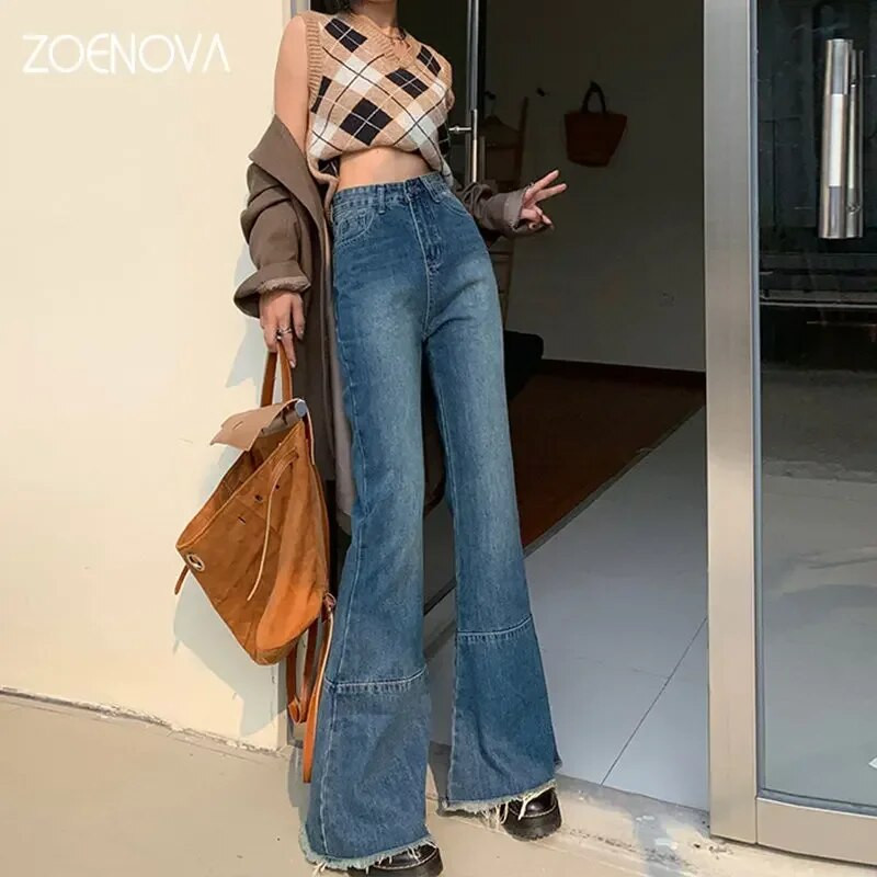 ZOENOVA 2023 Harajuku porubi s resicama Y2K tamnoplave ulične traperice visokog struka Baggy ženske ne rastezljive ravne široke široke nogavice hlače