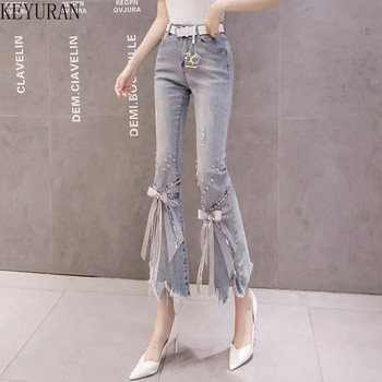 Ψηλόμεση τζιν Γυναικεία σκισμένα Cropped Jeans Γυναικεία Άνοιξη Καλοκαίρι 2023 Νέο ακανόνιστο φιόγκο με χάντρες με φουσκωτό τζιν παντελόνι Γυναικεία τζιν