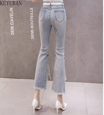 Ψηλόμεση τζιν Γυναικεία σκισμένα Cropped Jeans Γυναικεία Άνοιξη Καλοκαίρι 2023 Νέο ακανόνιστο φιόγκο με χάντρες με φουσκωτό τζιν παντελόνι Γυναικεία τζιν