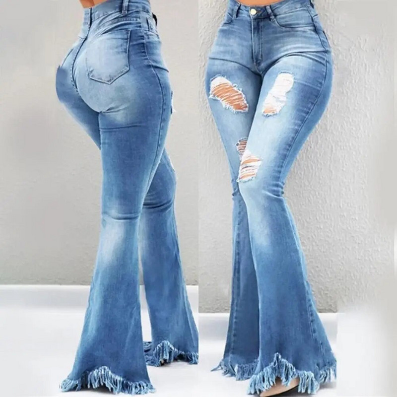 Ολόσωμο τζιν γυναικείο παντελόνι με φουσκωτό παντελόνι ψηλόμεσο τσέπες με σκισμένες τρύπες κάτω παντελόνι καμπάνα Φούντες μανσέτες τζιν παντελόνι γυναικεία τζιν